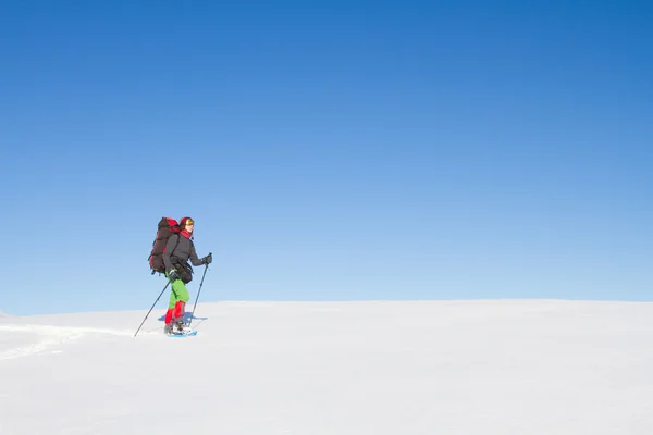 Vinter vandring i bergen på snöskor med en ryggsäck och tält. — Stockfoto