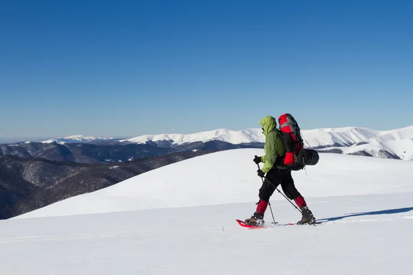 Senderismo de invierno en las montañas en raquetas de nieve con una mochila y tienda de campaña . — Foto de Stock