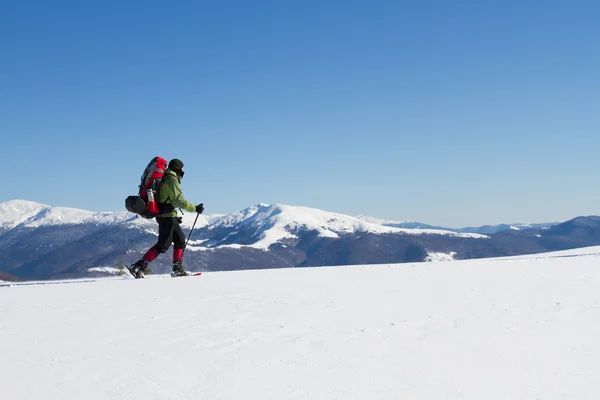 Senderismo de invierno en las montañas en raquetas de nieve con una mochila y tienda de campaña . — Foto de Stock