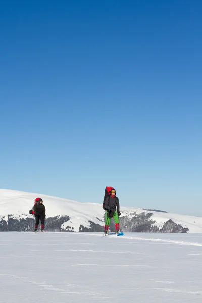 在山里徒步旅行带着背包和帐篷雪的冬天. — 图库照片