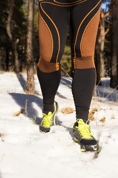 Vinter terränglöpning: man tar en springa på en snöig berg väg i en pinjeskog. — Stockfoto