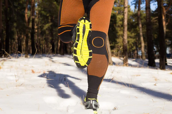 Vinter terränglöpning: man tar en springa på en snöig berg väg i en pinjeskog. — Stockfoto