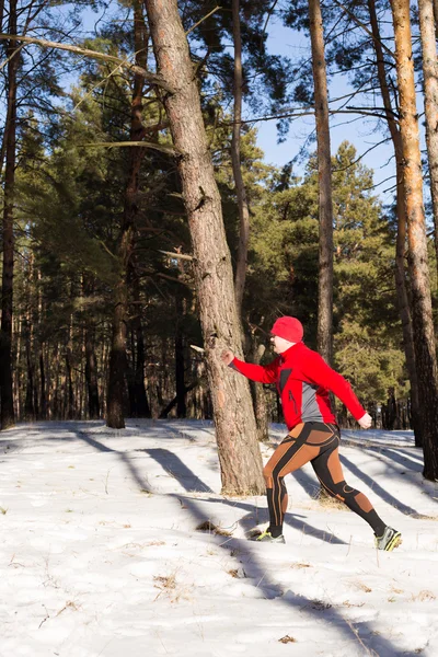 Winter trail uitgevoerd: man neemt een run op een besneeuwde bergpad in een pine woods. — Stockfoto