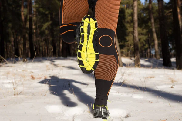 Vinter terränglöpning: man tar en springa på en snöig berg väg i en pinjeskog. — Stockfoto