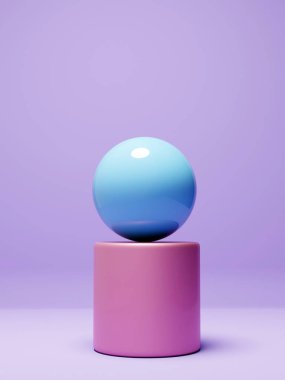 Soluk mor odada pembe kaide üzerinde 3D sakin pastel mavi küre, 3D resim