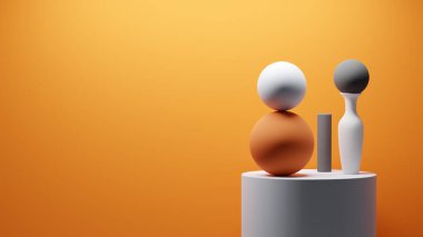 Turuncu duvarın önündeki kaidede 3 boyutlu küreler ve rastgele nesneler seçimi, 3 boyutlu illüstrasyon