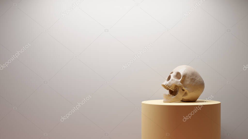 3d skull in pale room on tan plinth in contemplation of mortality, 3d illustration