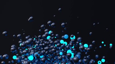Koyu uzayda süzülen 3D parlak mavi toplar, 3D illüstrasyon
