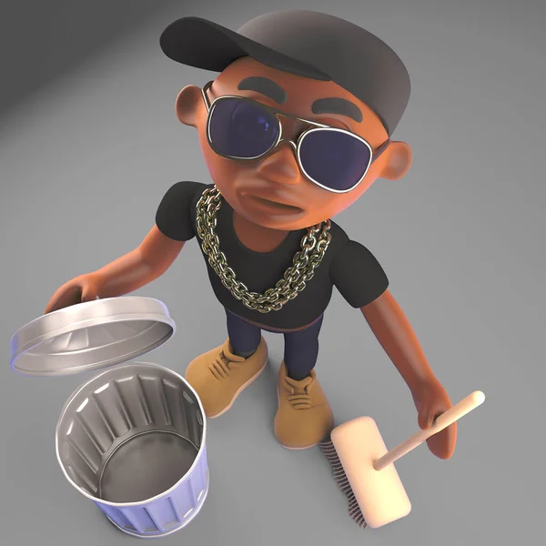 Black Hip Hop Rapper Baseball Cap Cleaning Trash Can Broom Royalty Free Stock Photos