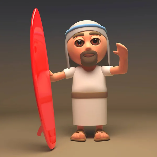 3D漫画イエス キリスト赤いサーフボードと聖なる救世主 3Dイラスト ストック写真