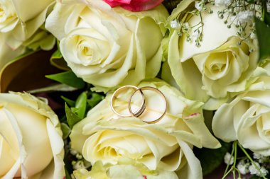 Beyaz bir gül goncasında iki alyans.