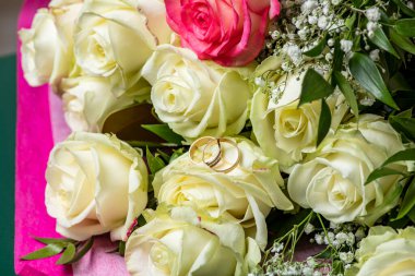 Beyaz bir gül goncasında iki alyans.