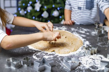 Noel ve yeni yıl tatilleri, anne ve çocuklar zencefilli kurabiye hazırlıyorlar.