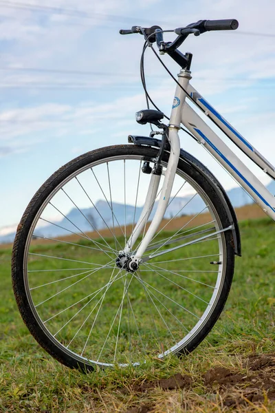 bike in the field, view from the front wheel, bike ride in the open air