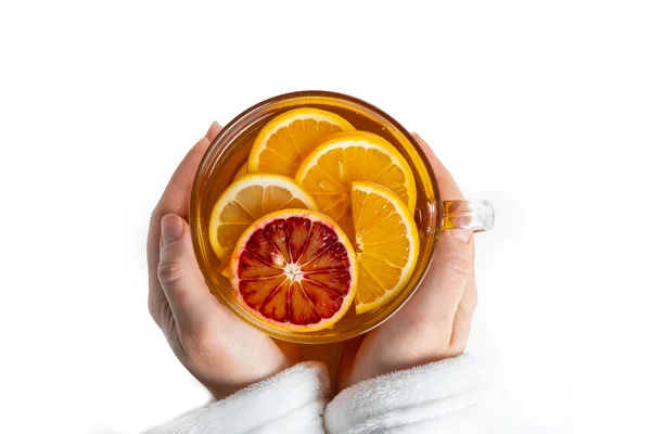 Glass Cup Tea Red Yellow Oranges Female Hands Top View — Stock Photo, Image