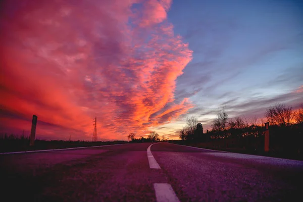 Beautiful Red Pink Sunset Road Fields — Stock Photo, Image