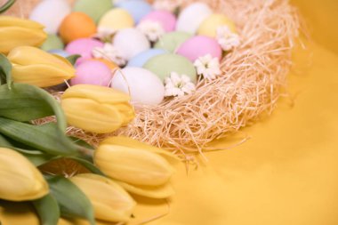 Samanlıkta çok renkli paskalya yumurtaları ve sarı arka planda sarı laleler.