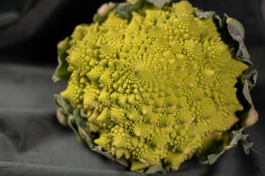 Koyu yeşil kumaş ve sağlıklı yiyecek üzerine Romanesco brokoli.