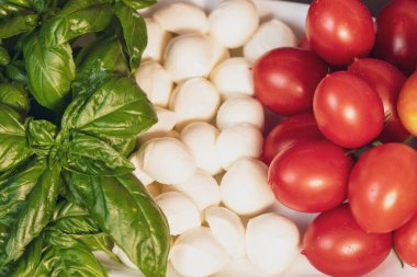 Domates, peynir ve fesleğen İtalyan bayrağı şeklinde bir tabağa serilmişti.