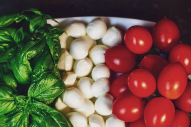 Domates, peynir ve fesleğen İtalyan bayrağı şeklinde bir tabağa serilmişti.