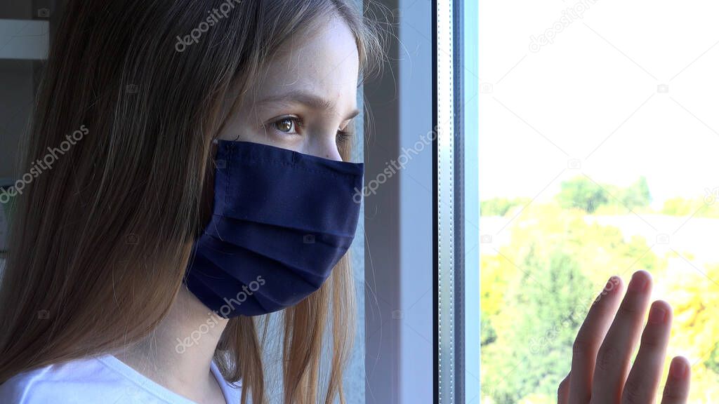 Sick Sad Girl Isolated in Coronavirus Pandemic Opening the Window Curtains, Unhappy Child Looking Outdoor on Glass, Bored Kid
