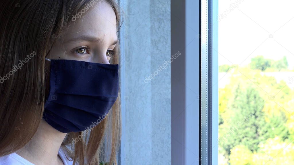Sick Girl Wearing Protective Mask in Coronavirus Pandemic, Sad Child Looking on Window, Unhappy Bored Kid in Covid-19 Crisis