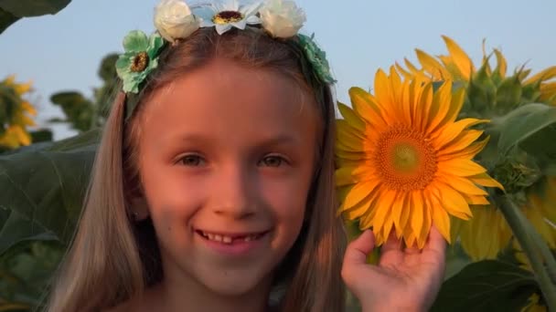 Enfant agriculteur dans un champ d'agriculture de tournesol, Enfant adolescent jouant dans la récolte agricole, Fille en plein air dans la nature — Video