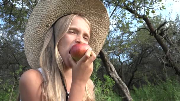 Παιδί που τρώει μήλο, παιδί στον οπωρώνα, παιδί που δοκιμάζει φρούτα στο δέντρο, αγρότης ξανθιά κοπέλα στο χωριό στην ύπαιθρο — Αρχείο Βίντεο