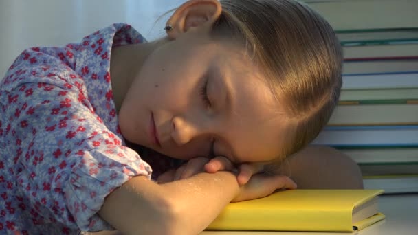 Kid Sleeping on Desk, Tired Eyes, Child Portrait Studying, Reading, Student Girl Learning Library, Children Education — Stock Video