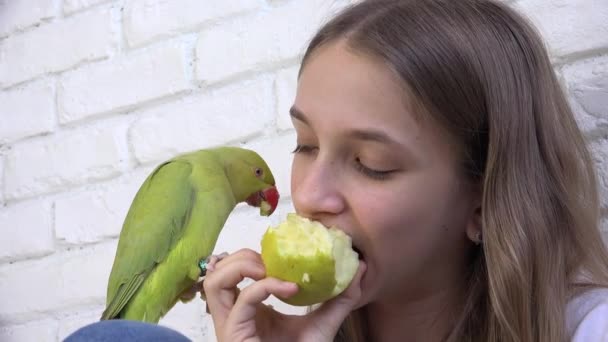 Kid Talk papoušek, Šťastné dítě hraje její mazlíček, Dívka, Pták jí jablečné ovoce, Legrační indický prsten hrdlo papoušci klec rodina — Stock video