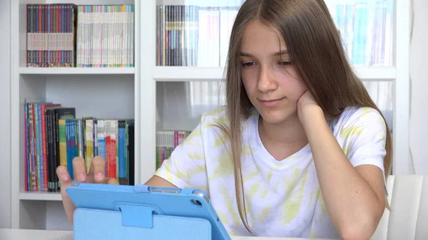 Adolescent Girl Playing Tablet Browsing Internet Kid Learning Touchscreen Device — 스톡 사진