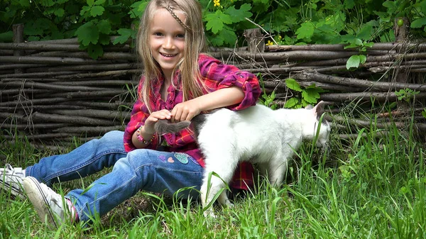 Kid Playing Cat Pet Garden Girl Portrait Kitten Child Her — Stock Photo, Image