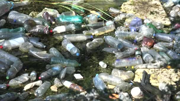 Umweltverschmutzung, Plastikflaschen im Gebirgsfluss, Müll im fließenden Wasser, verschmutzter Müll, Umweltverschmutzung, globale Erwärmungskatastrophe — Stockvideo