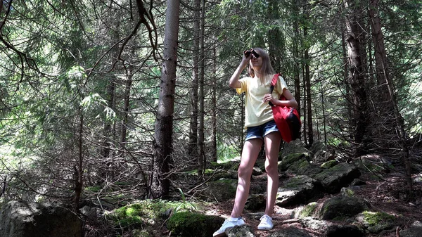 Dívka Pomocí Dalekohledu Horském Lese Kid Turistika Kempu Wood Alpine — Stock fotografie