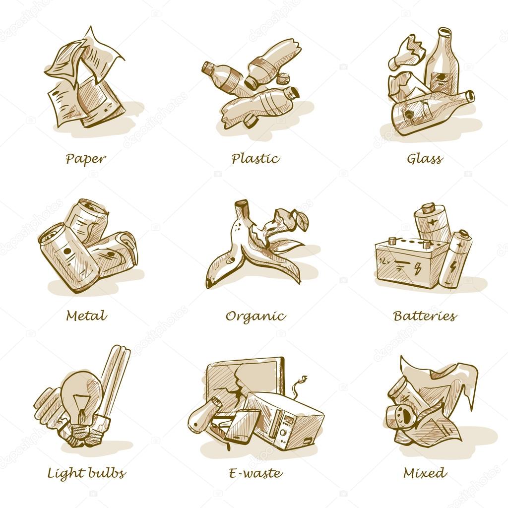 Pencil Hand Drawing of Trash Waste Categories Types