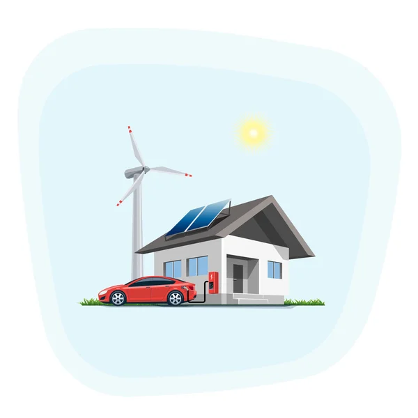 自宅壁駅の充電で充電する電気自動車 — ストックベクタ