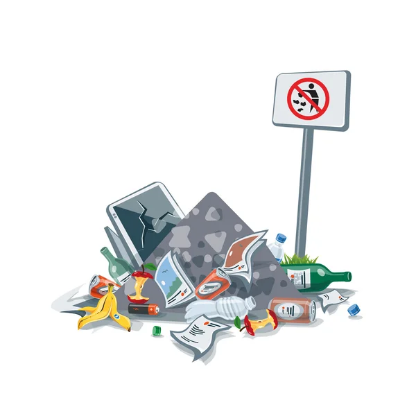 Isolated Littering Garbage Trash Stack with No Littering Sign — Stock Vector