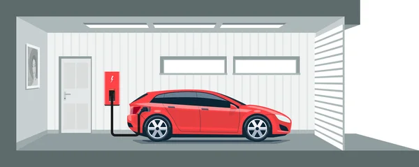 Electric Car Charging at Home in Garage — Stock Vector