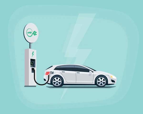 Elektrische auto opladen op het laadstation op kleur pagina — Stockvector