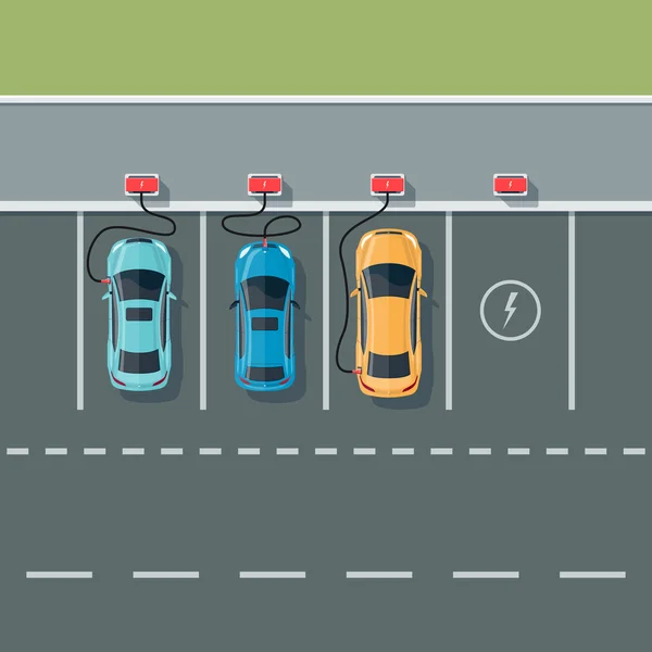 Sähköautojen lataaminen latausasemalla tieliikennetaustalla — vektorikuva