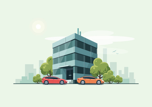 Office building with cars and city background