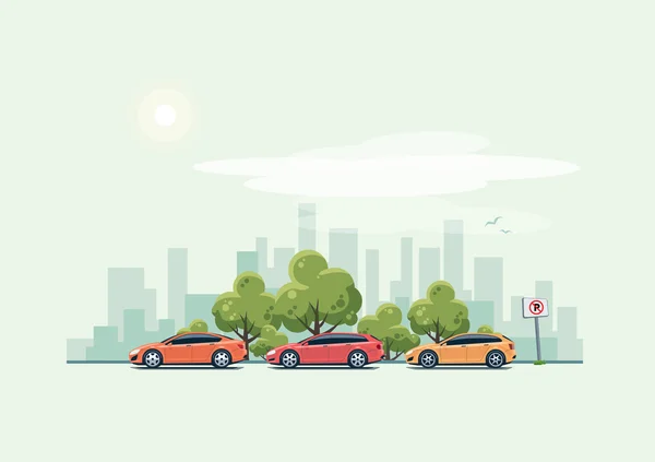 Coches de estacionamiento y antecedentes de la ciudad con árboles verdes — Vector de stock