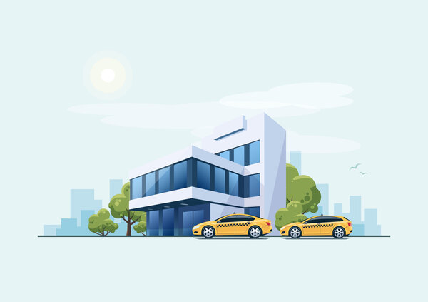 Office Building with Taxi Cars and City Background