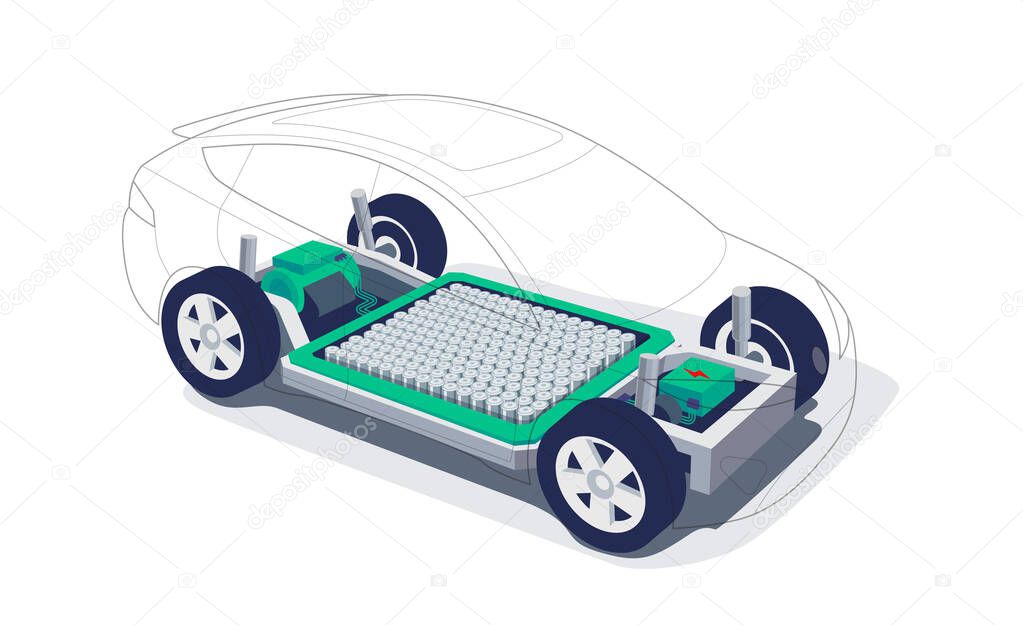Electric car chassis with high energy battery cells pack modular platform. Skateboard module board. Vehicle components motor powertrain, controller with bodywork wheels. Isolated vector illustration