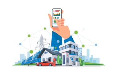 Elektrik enerjisini kontrol eden akıllı telefon izleme uygulaması. Sürdürülebilir yenilenebilir enerji santrali depolama istasyonu. Elektrikli araba güneş panelleri, rüzgar ve yüksek voltajlı elektrik şebekesi var..