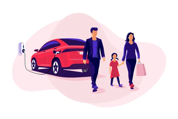 Ung Familj Shopping Medan Elbil Laddas Parkeringsplats Nära Butik Laddare — Stock vektor