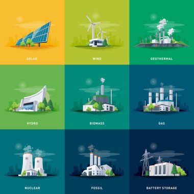 Elektrik üretim kaynağı tipleri. Enerji karışımı güneş, su, fosil, rüzgar, nükleer, kömür, gaz, biyokütle, jeotermal ve pil depolama. Doğal yenilenebilir enerji santralleri istasyon kaynakları.