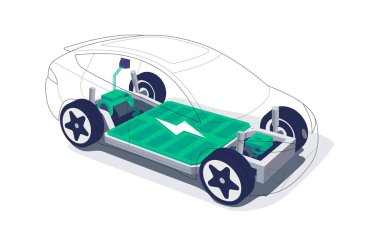 Yüksek enerjili akü hücreli elektrikli araba şasisi modüler platformu doldurur. Kaykay modülü. Araç parçaları motorlu tren, kaporta tekerlekleri olan kontrolör. İzole vektör illüstrasyonu