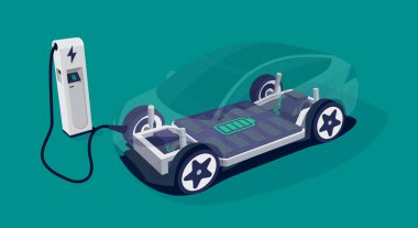 Elektrikli araba akü modüler platform şema şarj istasyonu. Elektrikli kaykay modülü şasi parçaları pil, motorlu tren, kontrolör. İzole vektör illüstrasyonu.