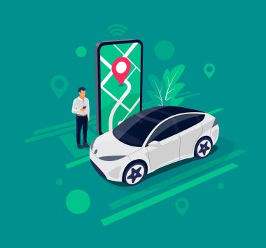 Akıllı telefon uygulaması ile kontrol edilen otonom çevrimiçi araba paylaşım servisinin vektör illüstrasyonu. Konum işaretli ve akıllı araçlı modern telefon elektrikli arabayı paylaşıyor. Bağlı araç uzaktan otoparkı. 